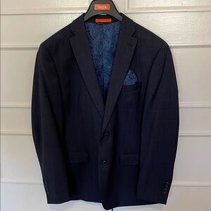 Tallia Men's Dark Blue Windowpane Blazer 42R with Patterned Lining